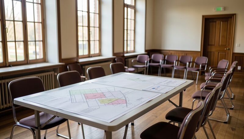 A folding table in a town hall meeting room is covered with site plans and rolled drawings, empty wooden chairs set in a row before it; tall windows on the left throw long bars of daylight across the floor.