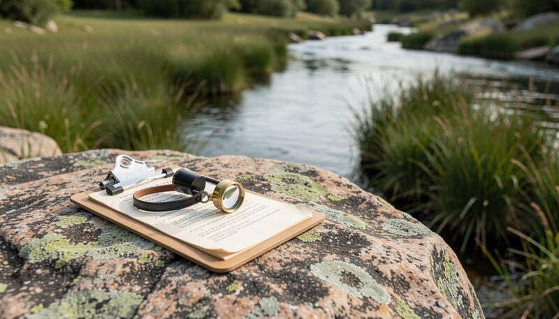 A clipboard and a hand lens rest on a flat granite outcrop at the edge of a stream, sedge blades and fern fronds crowding the foreground, with the darker flow of the water just beyond the rock.