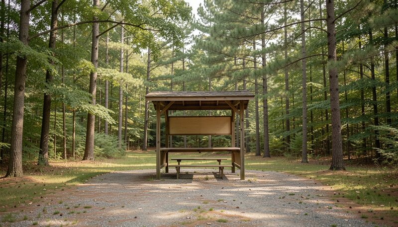 A trailhead clearing under mixed hardwoods and pines, a bare wooden kiosk frame standing beside a gravel path with no signs attached, leaf litter on the ground and a low stone wall at the edge of the frame.