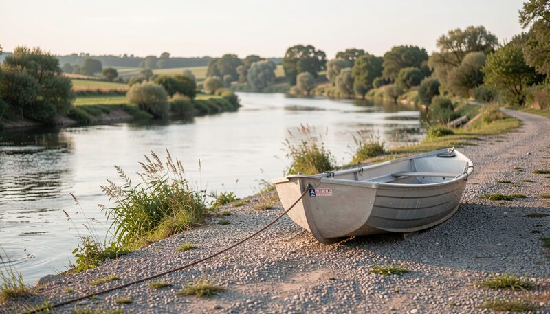 A wide river bends past a low gravel bank with an aluminium boat pulled up out of the water near the edge, alder and willow crowding the shore, and a wooded ridge rising behind the far bend under grey cloud.