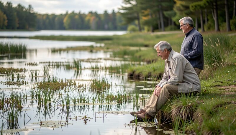 Two people sit on a grassy bank above a wide pond on a still morning, the nearer one leaning forward over sedge tussocks and floating pondweed, the farther standing with his hands in his pockets; a wooded far shore closes the frame.