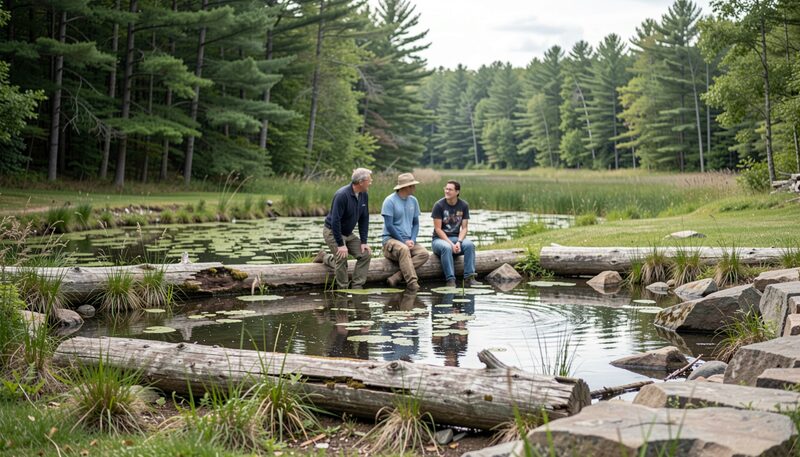 Three people sit talking on peeled logs laid across the shallow outlet of a pond, water lilies and lily pads spreading in front of them, granite blocks and grass on the bank, dense spruce and pine filling the background.