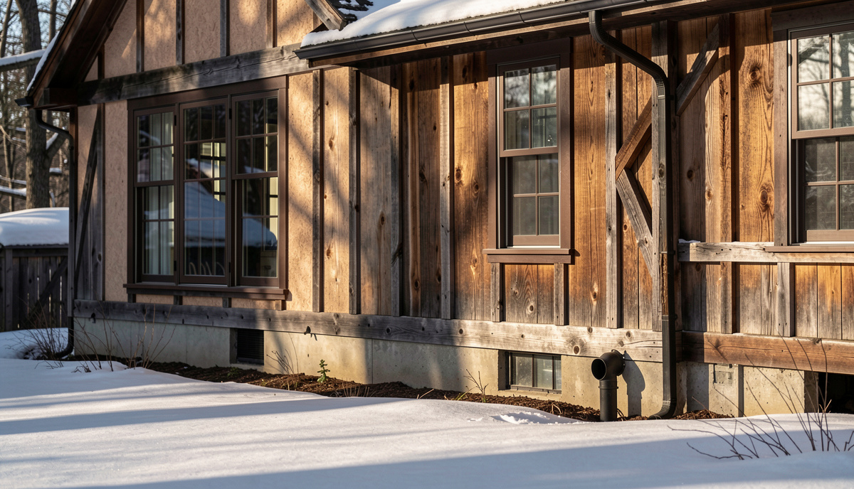 A south-facing wall of a renovated timber-frame house in northern New England, with deep window reveals and a ground-coupled ventilation intake pipe visible near the foundation, photographed in low winter sunlight with long shadows on snow.