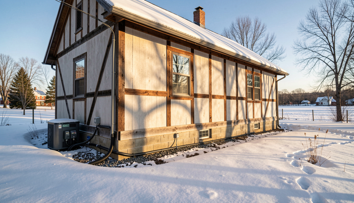 A south-facing wall of a timber-framed house under a clear winter sky in northern New England, with low sun casting long shadows across a snow-covered yard and a ground-source heat pump line visible near the foundation.