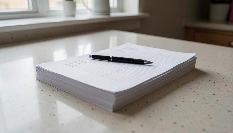 Neat stacks of blank application forms sit on a plain counter with a pen resting across the top sheet and a clip holding the corners square; the counter surface is bare and the light falls evenly from above.